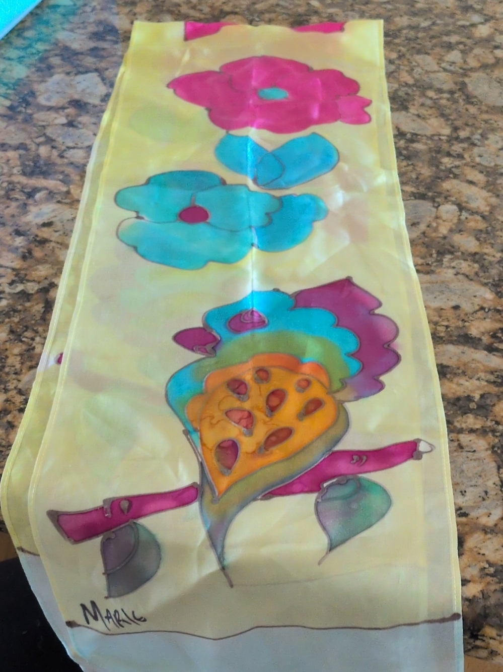 Hand-Painted Floral Silk Scarf with Yellow Background